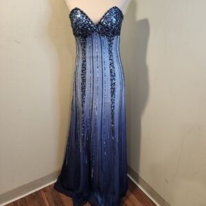 JOVANI Strapless Navy Sequin Silk Floor Length Gown Size 6